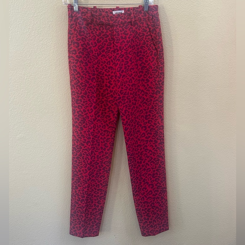 Zadig & Voltaire “Prune Jac Leo” Red/Black Leopard Jacquard Pants FR 34 / US 2 - Picture 2 of 9